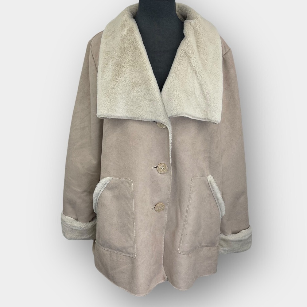 Signature‎ Collection Faux Suede Car Coat L Beige Shearling Fur Button Pockets